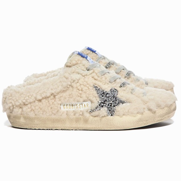 NWT Golden Goose Superstar Sabot Shearling Glitter Sneaker Mule Natural / Silver - Picture 4 of 16